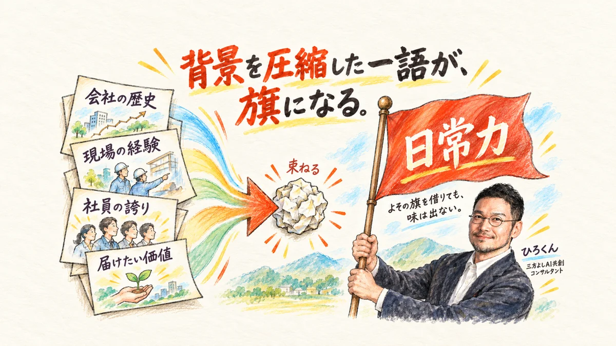 会社の歴史・現場の経験・社員の誇り・届けたい価値が一本の旗に圧縮される図