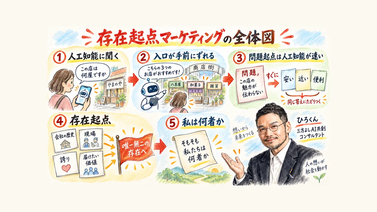 記事全体図:AIに聞く→入口が手前にずれる→問題起点はAIが速い→存在起点→私たちは何者か