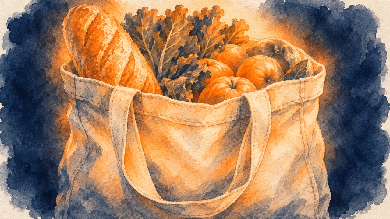 パンや野菜が入った買い物かごが温かいオレンジの光に包まれる水彩画