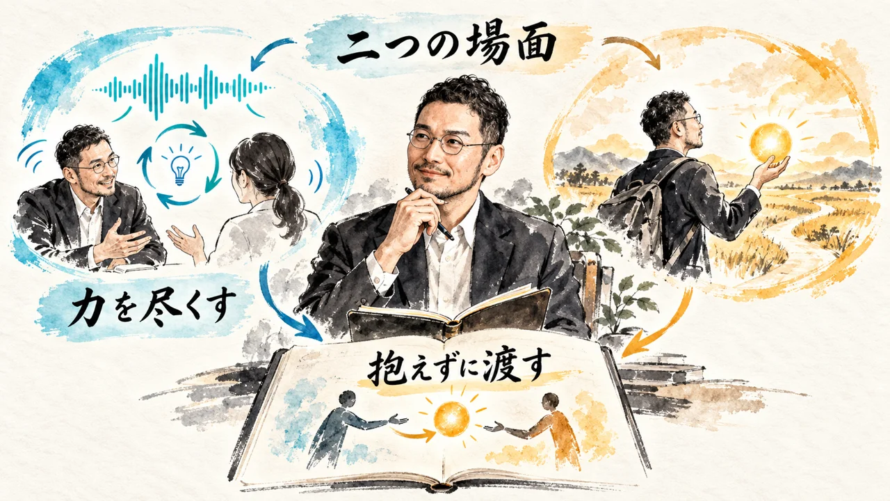 二つの実在場面から、力を尽くすとは抱えずに渡すことだと振り返るコラム図解