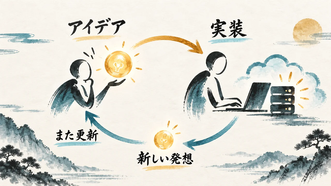 アイデアを実装し、新しい発想を加えて返す共創ループの図
