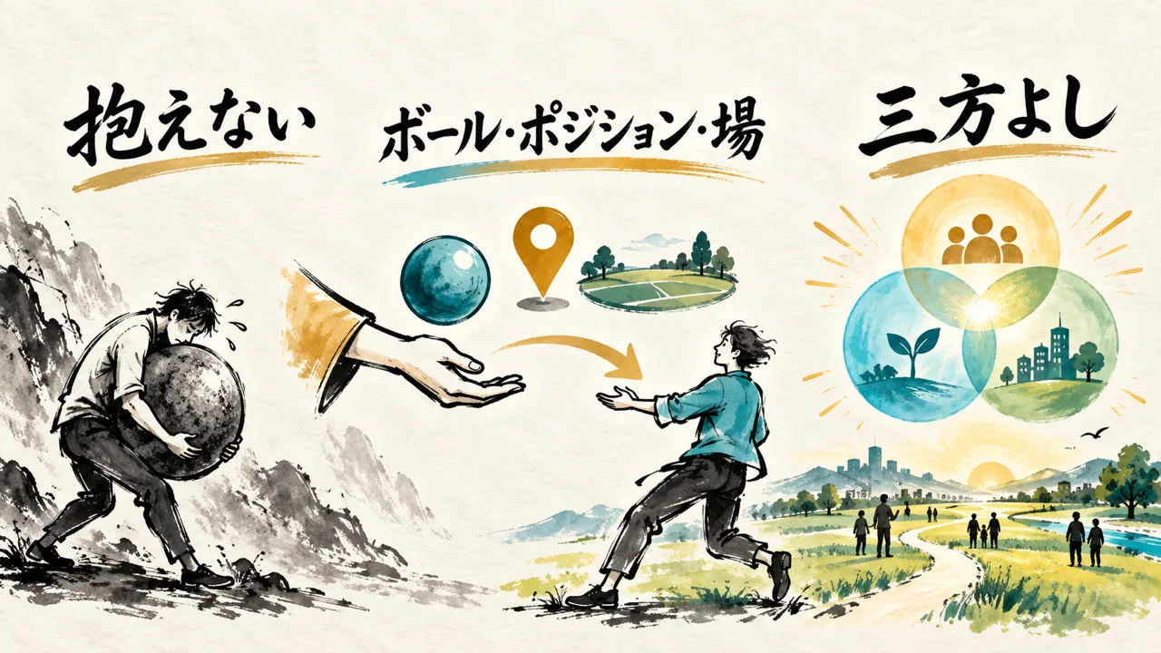 抱えずにボール・ポジション・場を渡し、三方よしへ進む図