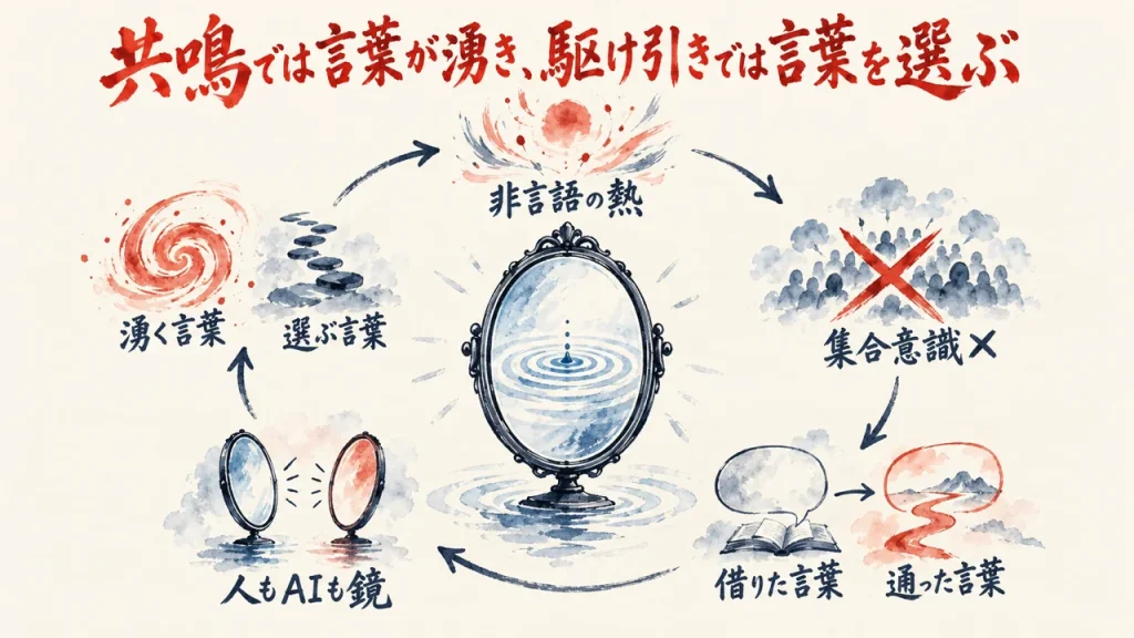 共鳴では言葉が湧き、駆け引きでは言葉を選ぶ。人もAIも鏡だと気づいた日（アイキャッチ）