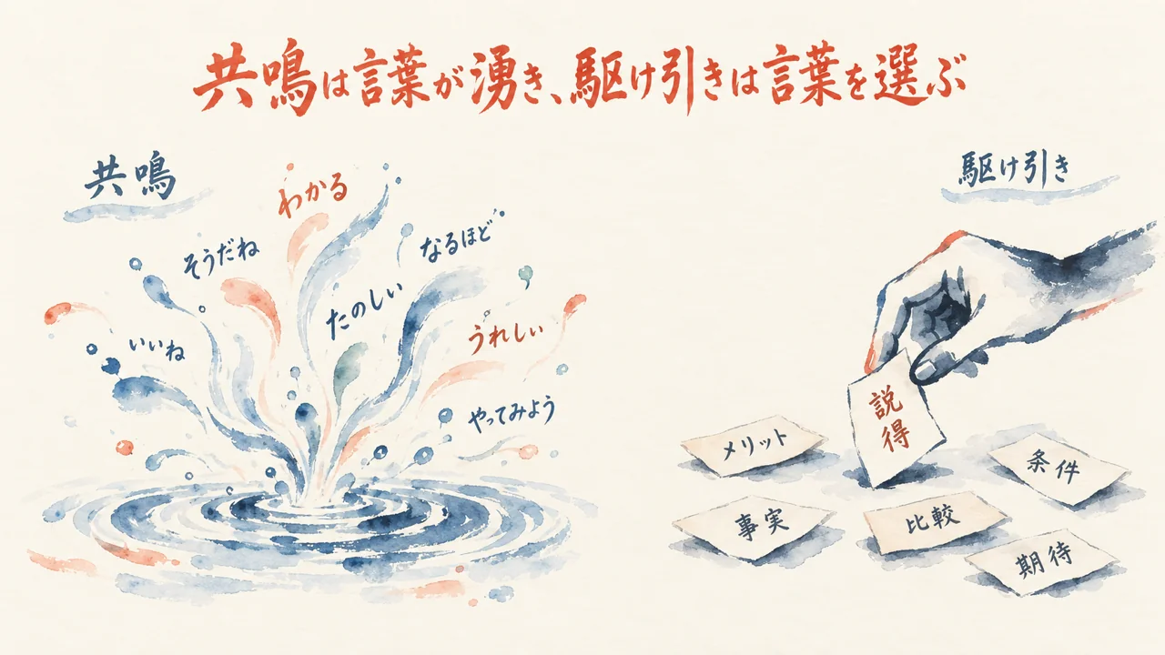 共鳴と駆け引きの境目｜言葉が湧くか、言葉を選ぶか（図解）