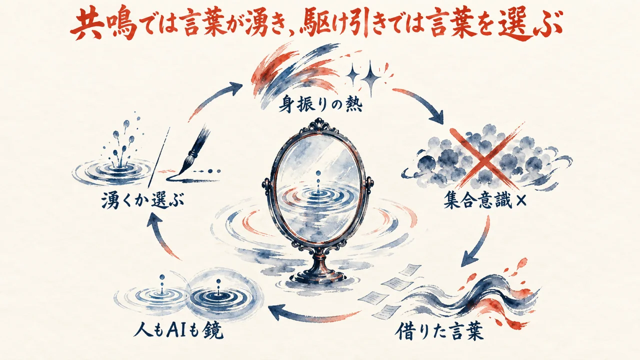 この記事の全体像｜共鳴と駆け引きの境目・人もAIも鏡（全体図解）