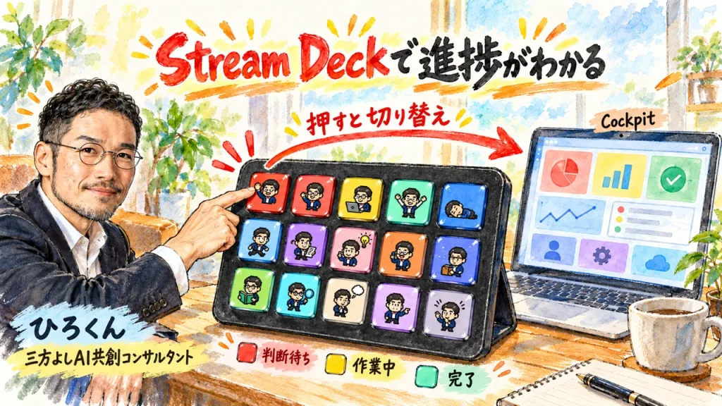 Stream Deckの15キーにAIタスクが色分けで並び、赤いキーを押すとAGI Cockpitに切り替わる図解