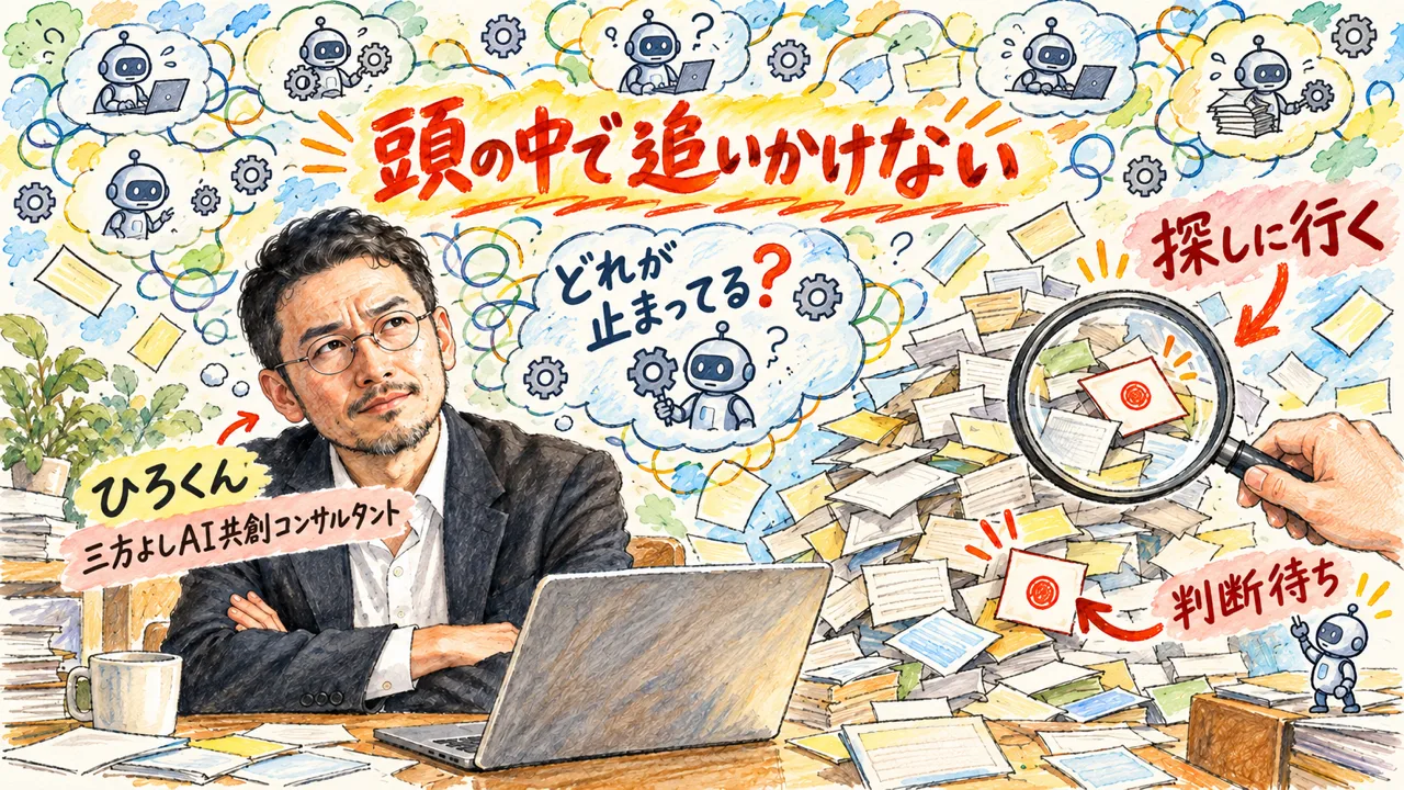 AIに任せたタスクを頭の中で追いかけ、判断待ちを探しに行く様子の図解