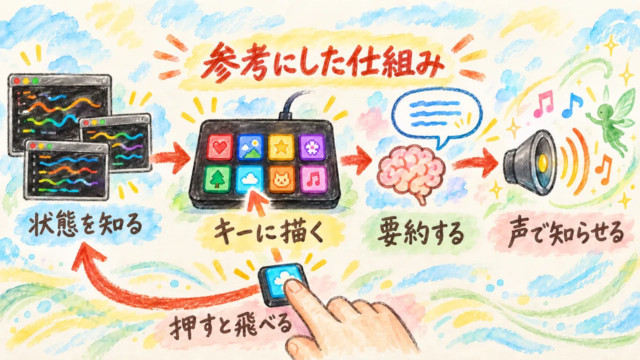 参考記事の仕組み。状態を知る、キーに描く、要約する、声で知らせる、押すと飛べるの流れ