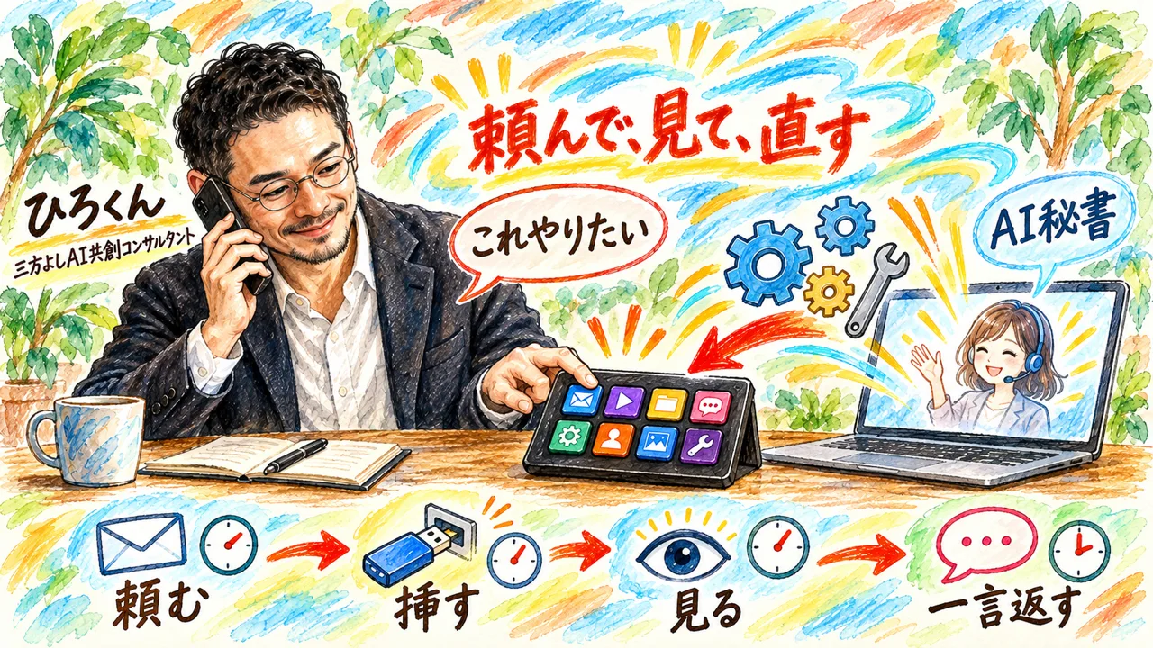 AI秘書に頼む、挿す、見る、一言返すの4つで作ったやり方の図解