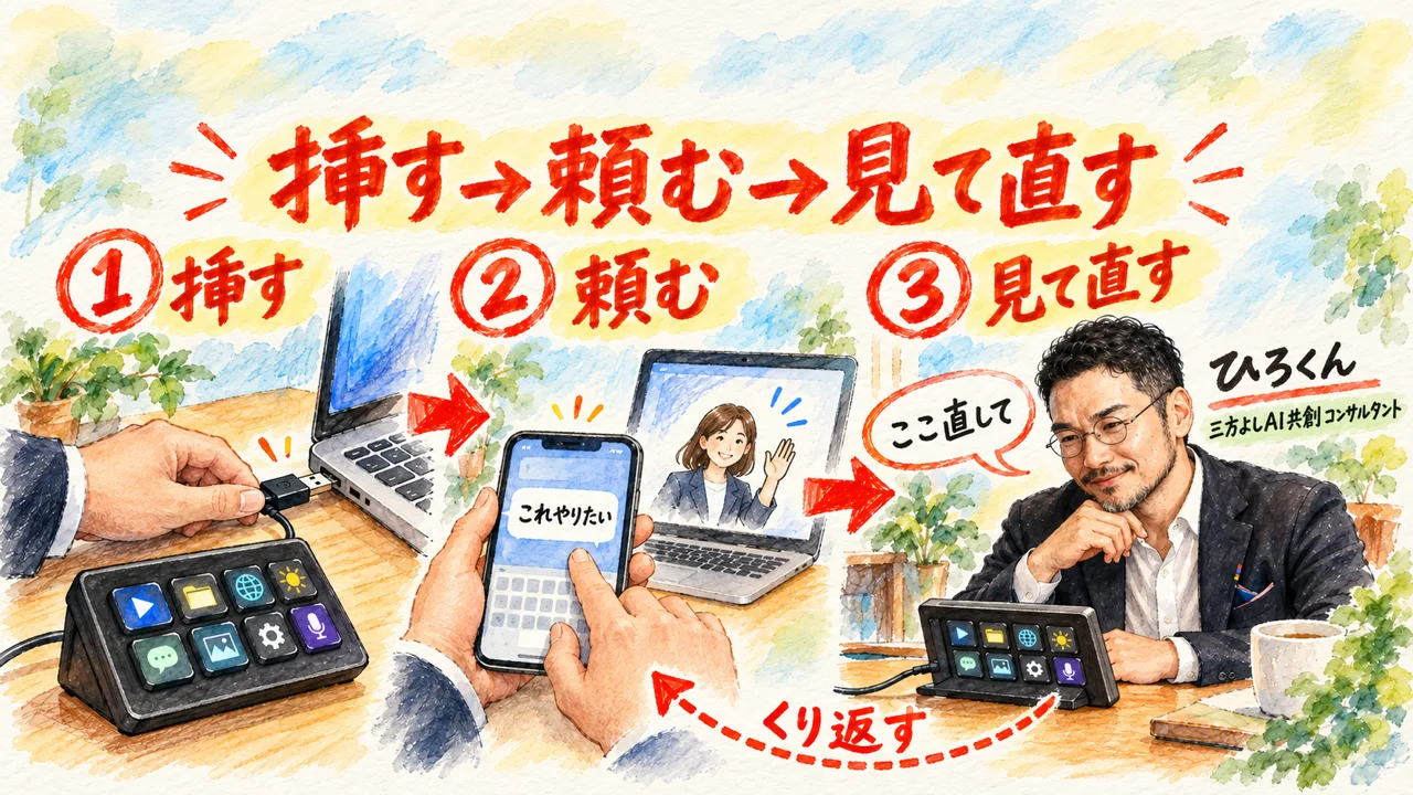 導入手順。挿す、頼む、見て直すをくり返す流れ