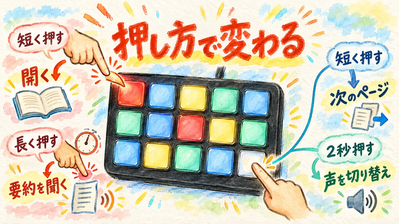 Stream Deckのキーの押し方。短く押すと開く、長く押すと要約、右下で次のページと声の切り替え