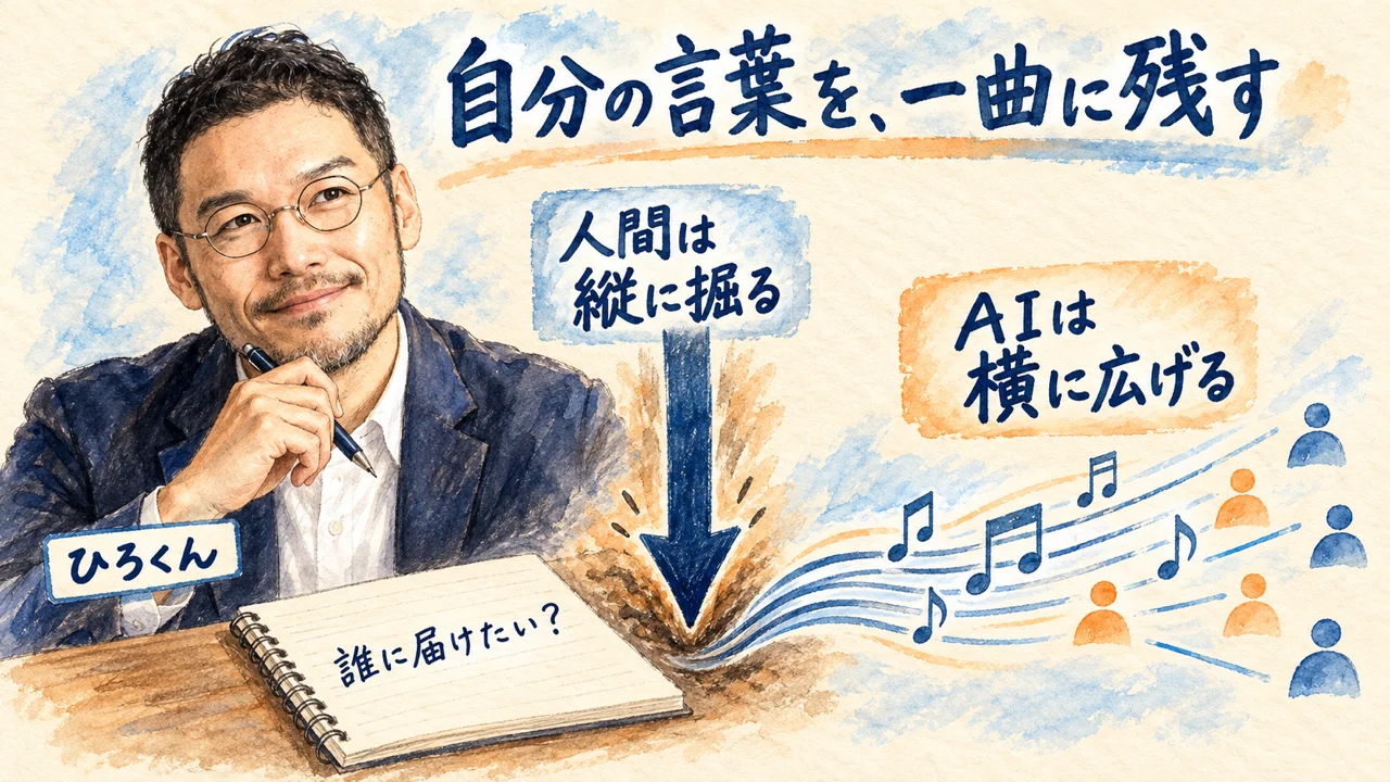 ひろくんが自分の言葉をノートに残し、人間が深く考えた思いをAIと横に広げる図