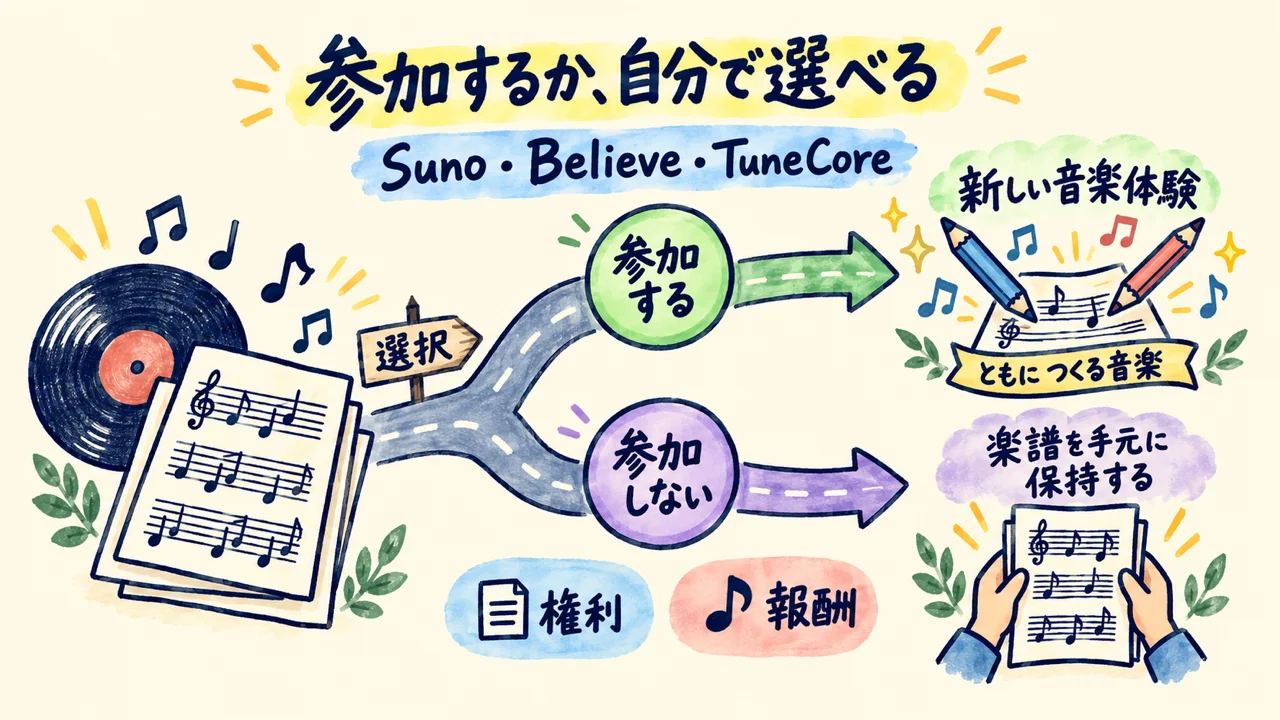 Suno・Believe・TuneCoreの新しい音楽体験に参加するかどうかを選ぶ分岐図