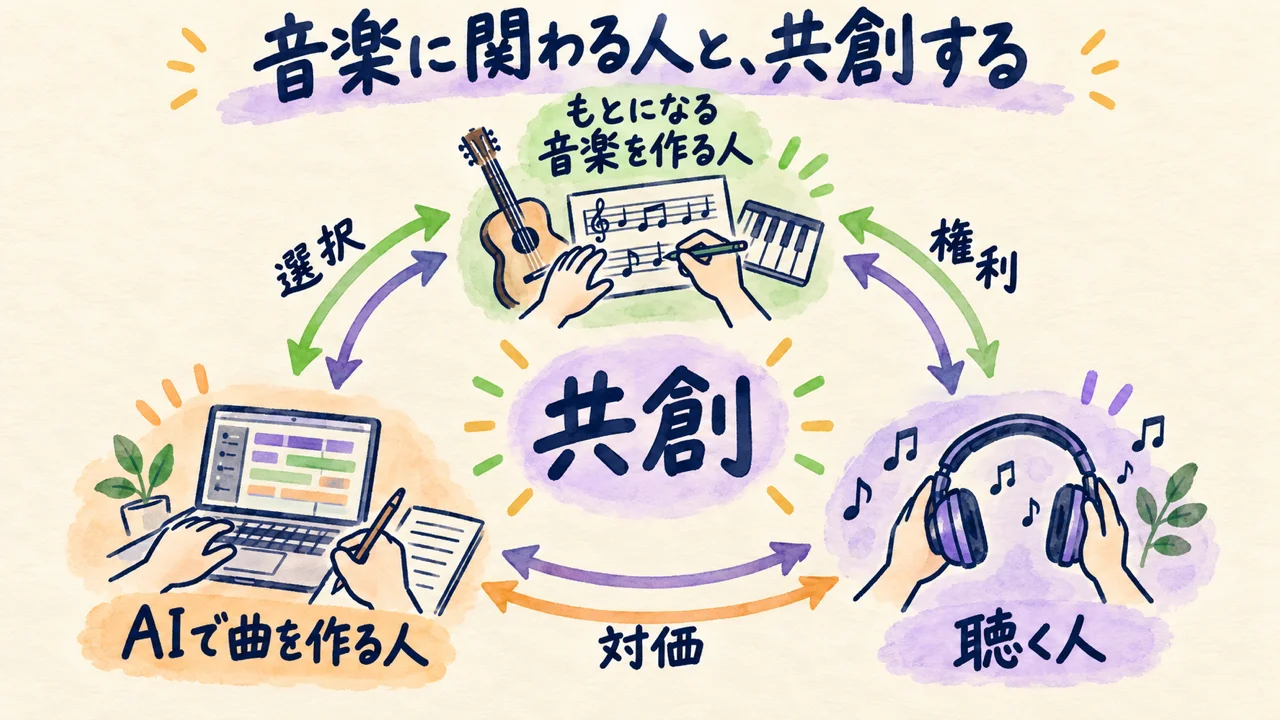 もとになる音楽を作る人、AIで曲を作る人、聴く人の関係を共創として示す図