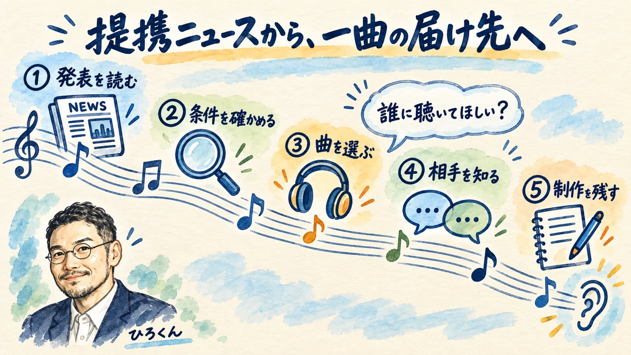 発表を読む、条件を確かめる、曲を選ぶ、相手を知る、制作を残すという記事全体の流れ