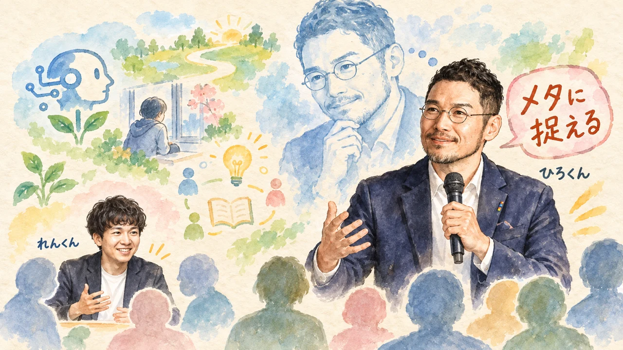 教える自分をメタに捉えるひろくんと、同じ気づきが起きたれんくんのイメージ図解