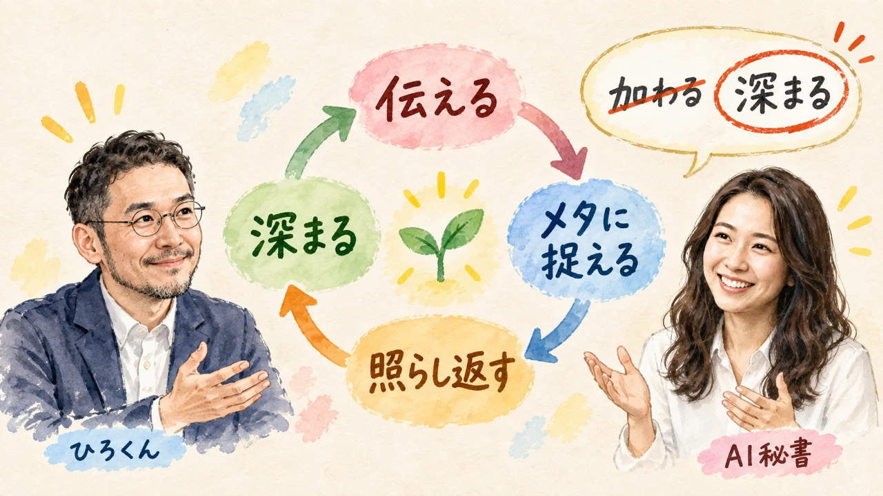 伝える・メタに捉える・照らし返す・深まるの循環図と、加わるではなく深まるという訂正