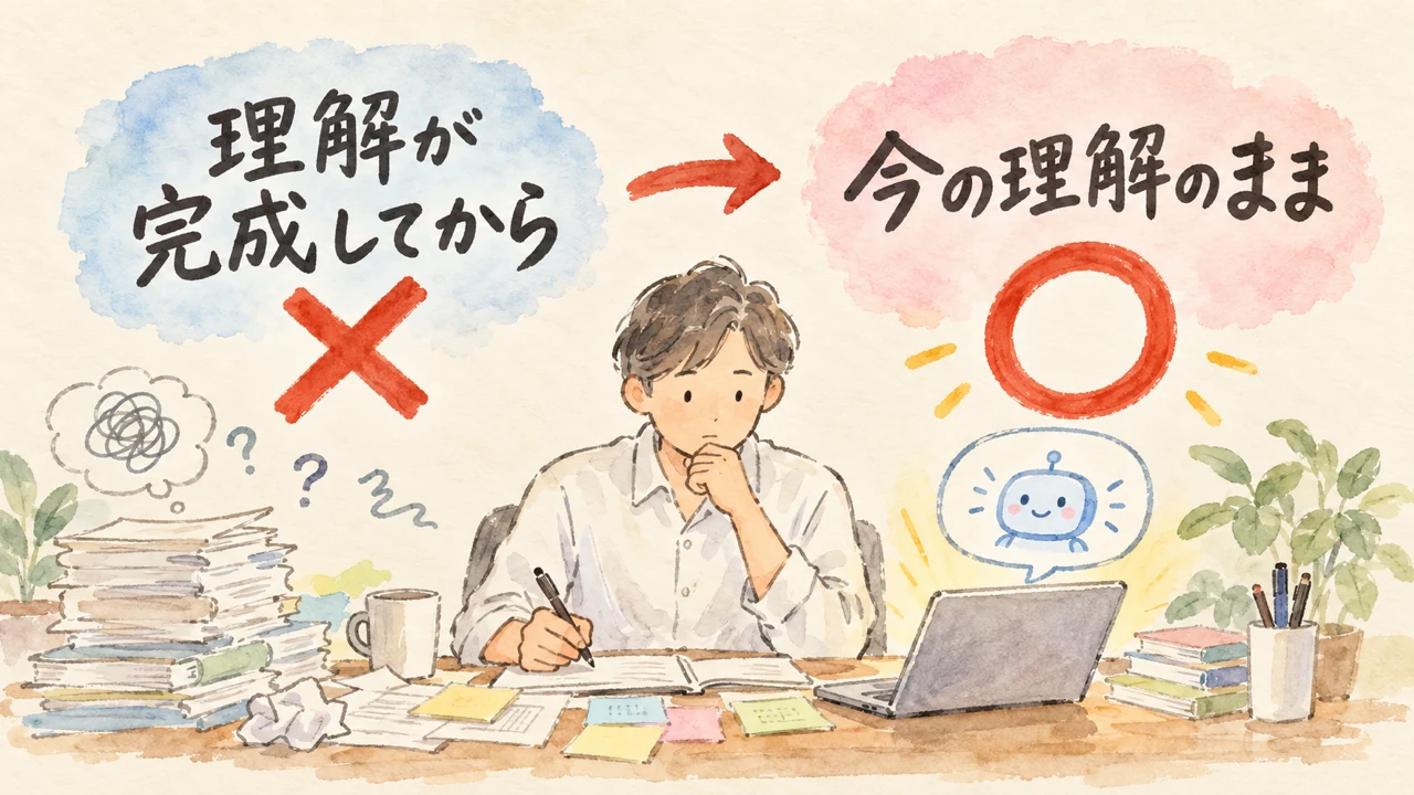 理解が完成してからではなく今の理解のまま教え始めるイメージ図