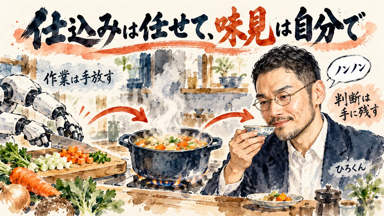 AIに仕込みを任せ、ひろくんが自分で味見をするコラム図解。作業は手放す、判断は手に残す