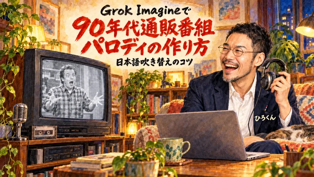 ブラウン管テレビの白黒通販番組を見て、ヘッドホンを手に笑うひろくんと、題字「Grok Imagineで 90年代通販番組パロディの作り方 日本語吹き替えのコツ」