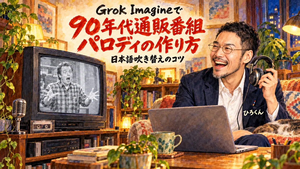 Grok Imagineで90年代通販番組パロディの図解