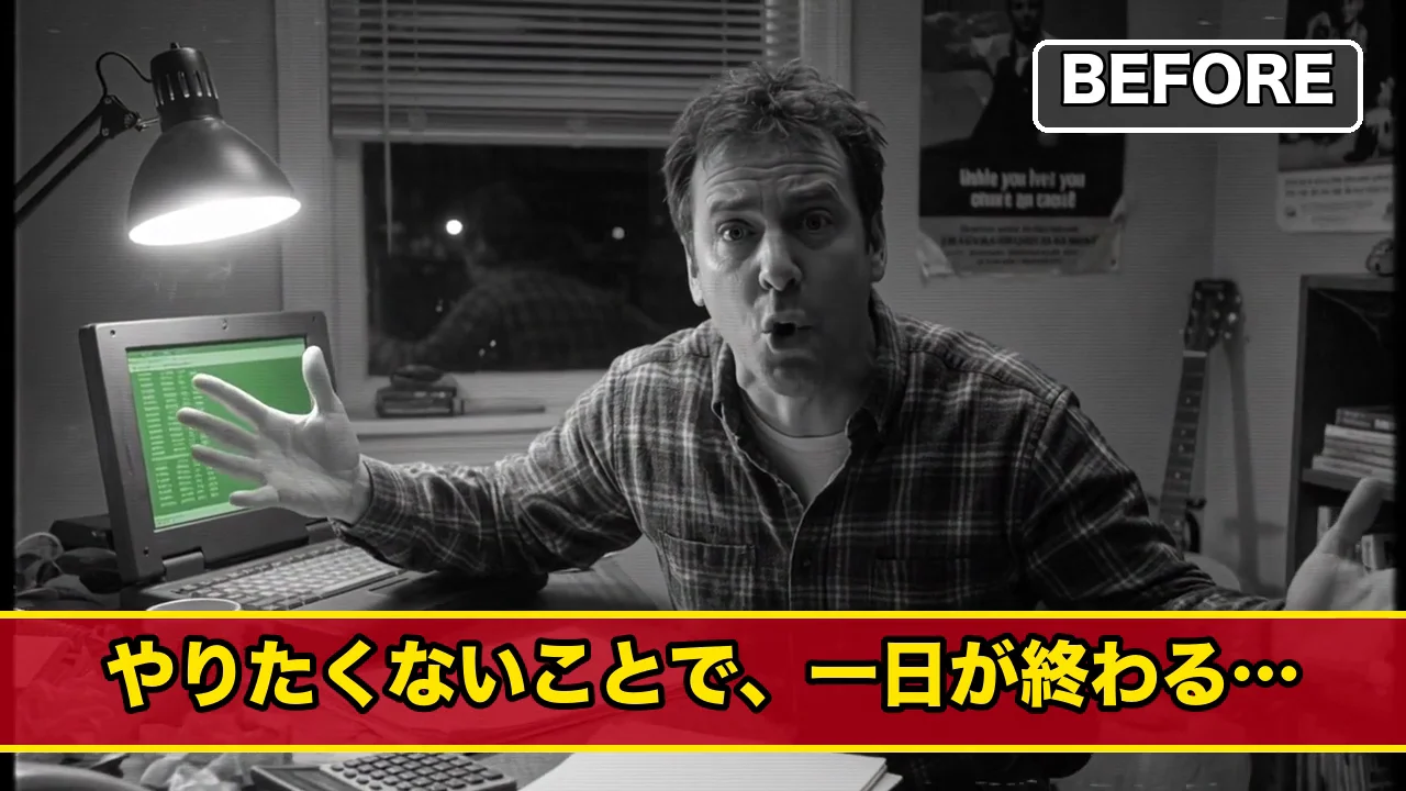 完成動画の1本目。白黒の部屋で主人公ジョージが両手を広げて嘆き、下に赤帯の日本語テロップが出ている場面