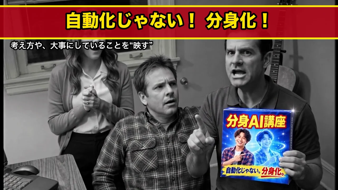 5本目の場面。赤帯に自動化じゃない分身化のテロップ。トムが分身AI講座の箱を持ち、白黒の部屋で主人公を指さしている