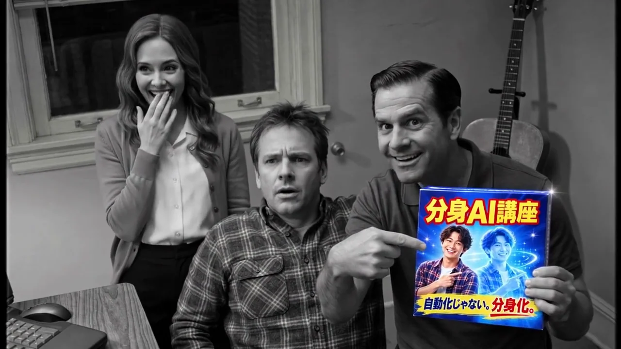 6本目の場面。パソコンの画面から半透明に光る分身が現れ、主人公が驚いている。赤帯に画面の中のもう一人の自分のテロップ