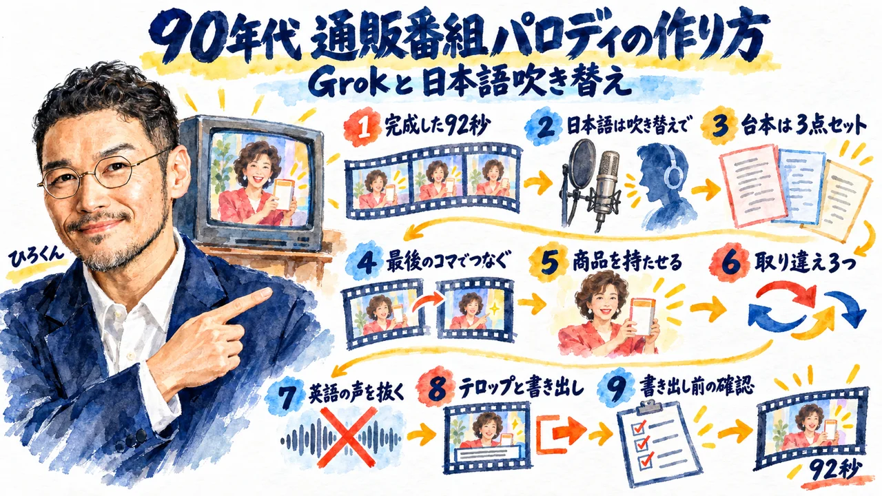 Grok Imagineで90年代通販番組パロディを作る9つの手順をひろくんが指し示す全体図解