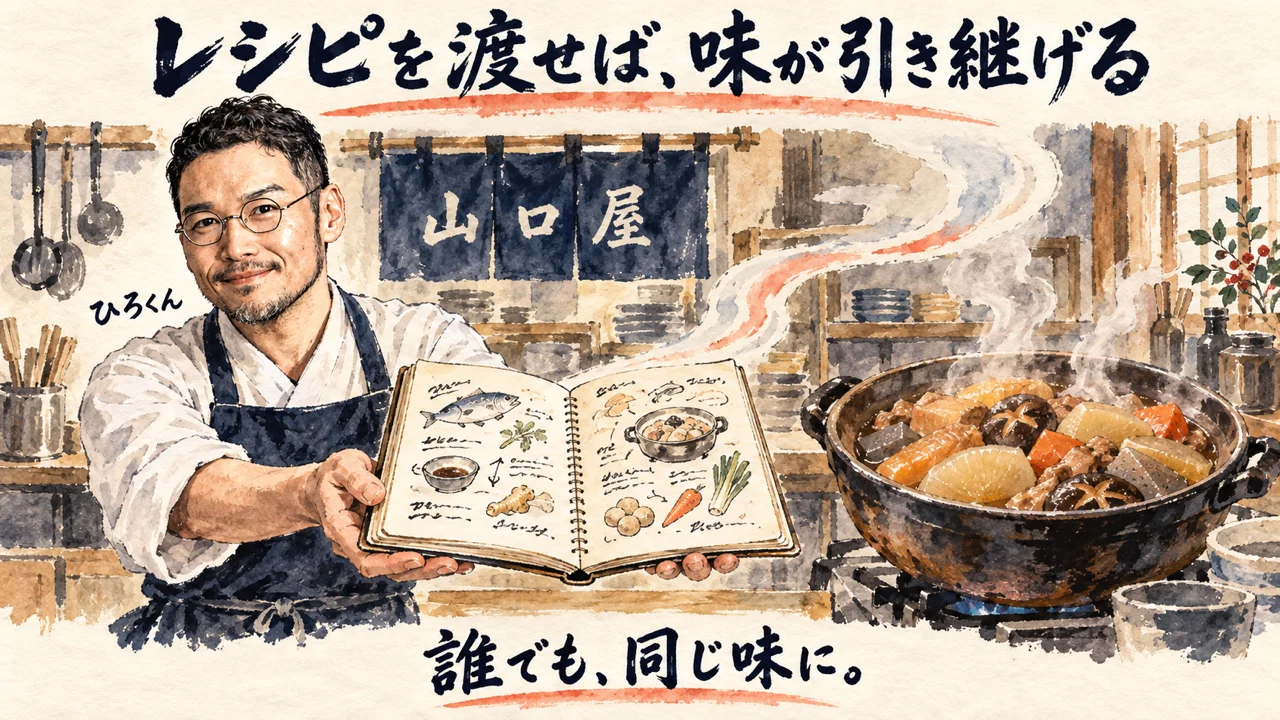 ひろくんが惣菜屋の厨房でレシピノートを差し出すコラム図解