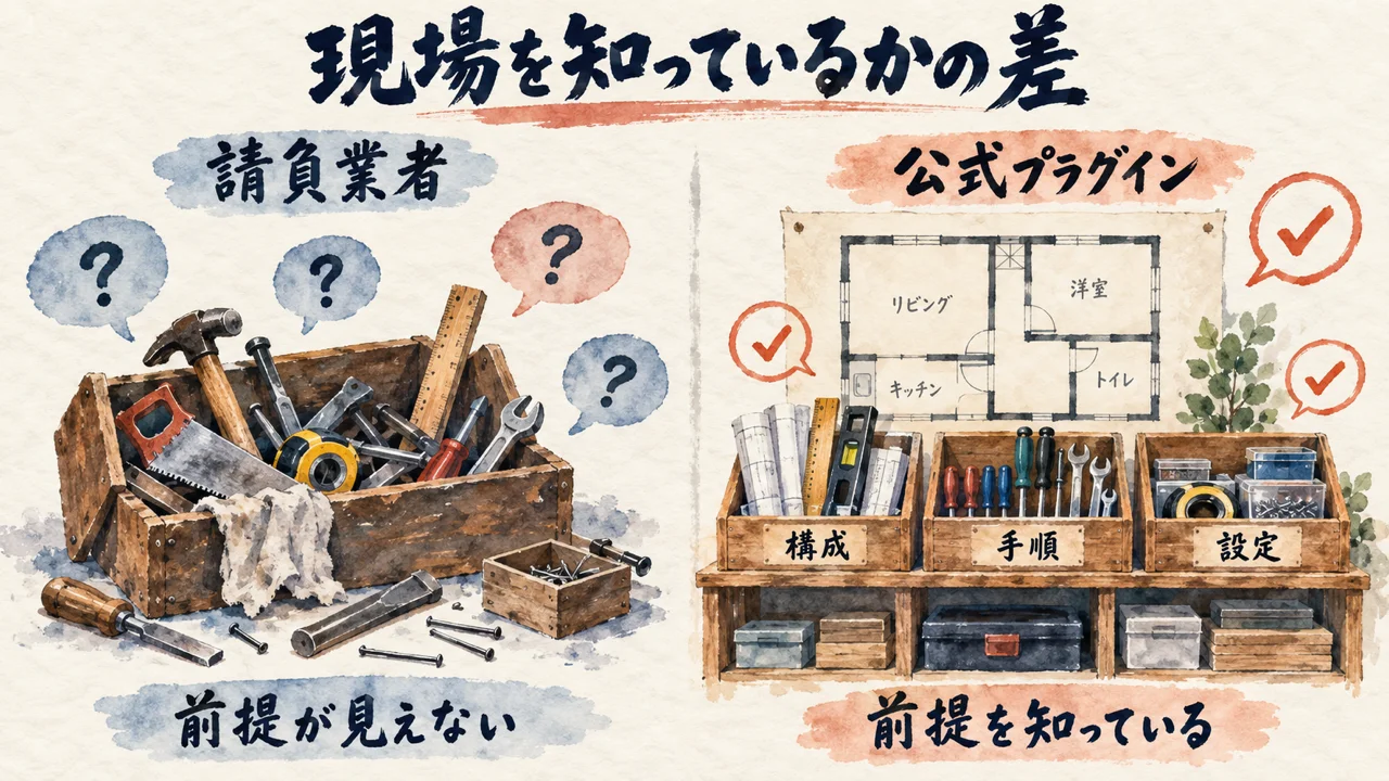 現場を知らない請負業者と、前提を知っている公式プラグインの対比図解