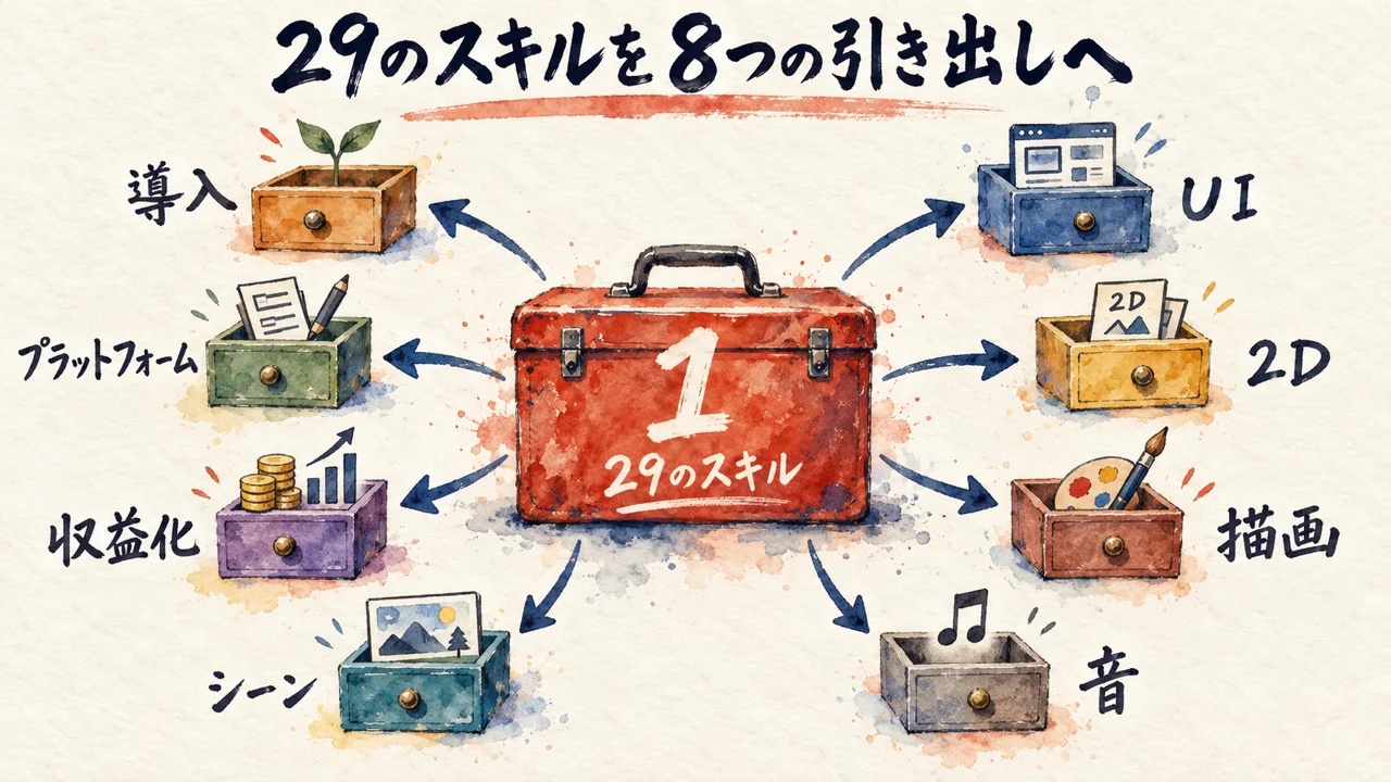 29個のスキルが8つの分野の引き出しに整理される図解