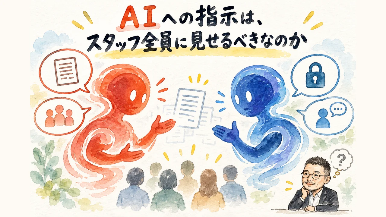AIへの指示を全員に見せるかを討論する2体のAIの本質討論の図解