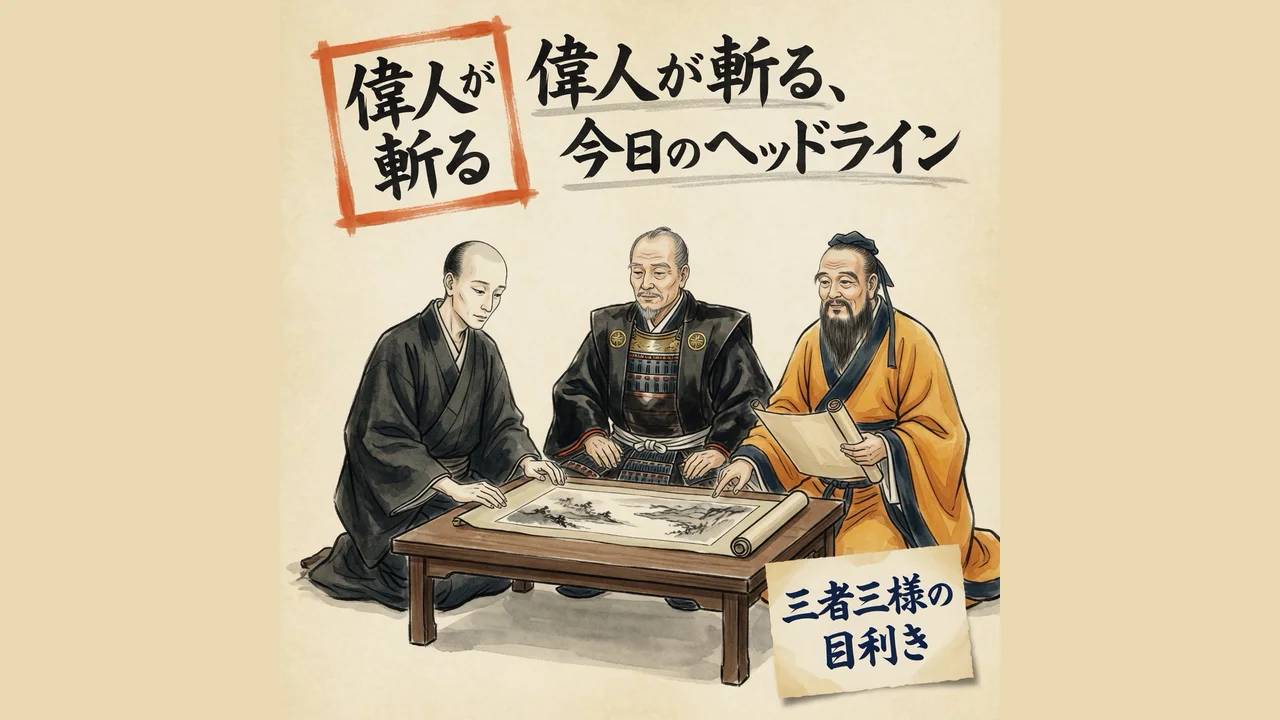 偉人3名が今日のヘッドラインを語るイメージ