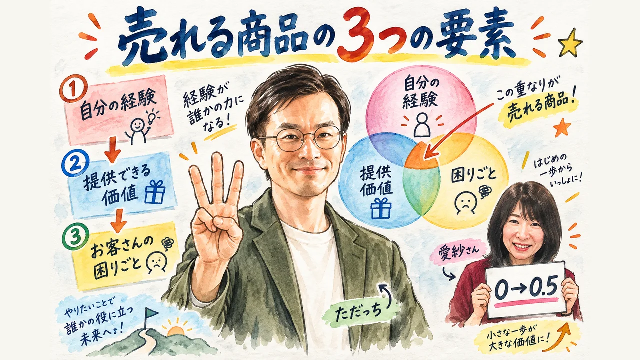 売れる商品の3つの要素 自分の経験×提供できる価値×お客さんの困りごと 図解
