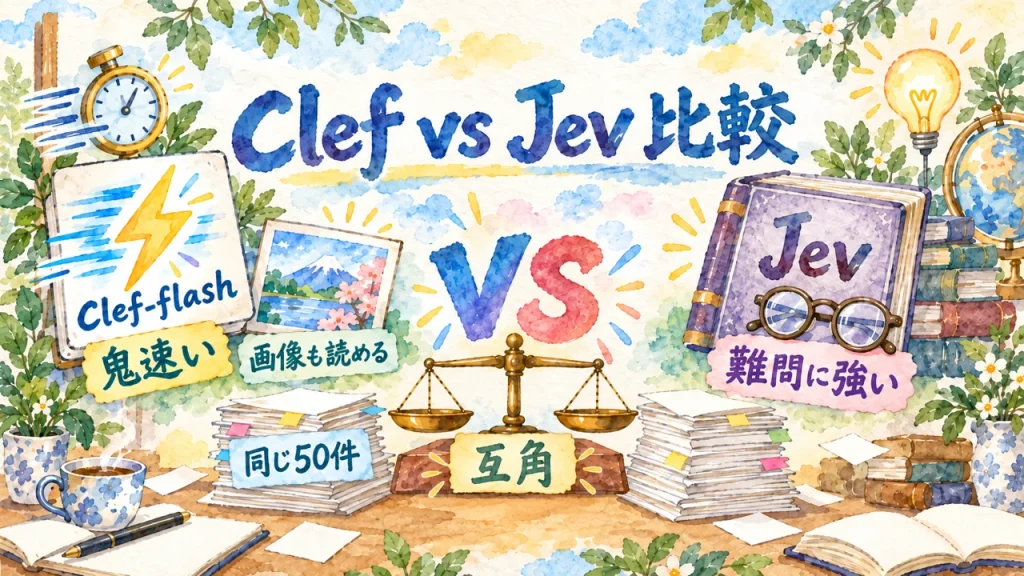 Clef vs Jev 比較｜同じ50件で互角、普段はClef-flash、難問はJev