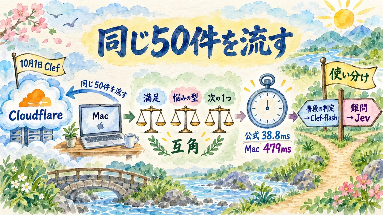 全体図解: 10月1日に出たClefを、私のMacから同じ50件で流す → 満足・悩みの型・次の1つはほぼ互角 → 公式38.8ms、Macからは479ms → 普段の判定はClef-flash、難問はJevの使い分け