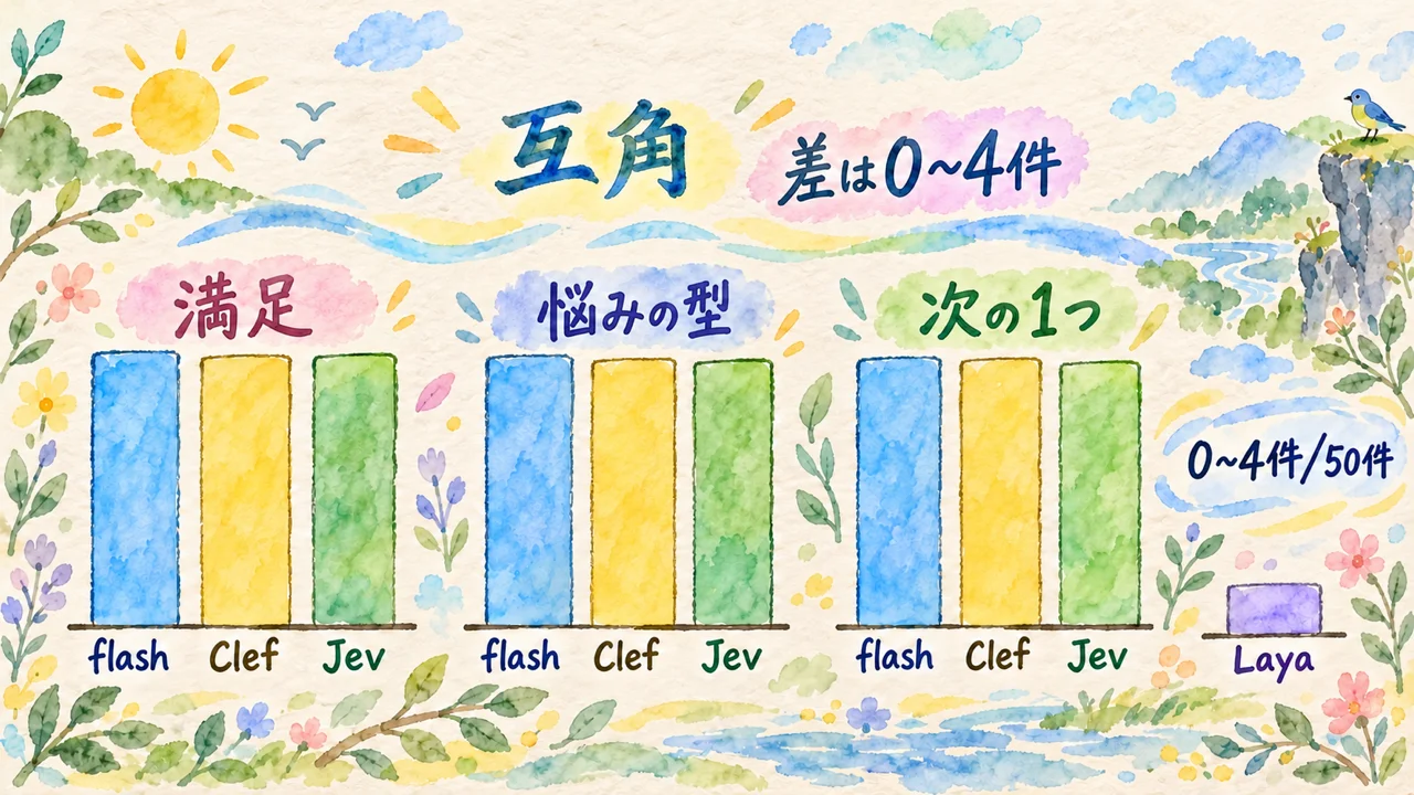 同じ50件の結果。満足・悩みの型・次の1つで、flash・Clef・Jevの差は0〜4件