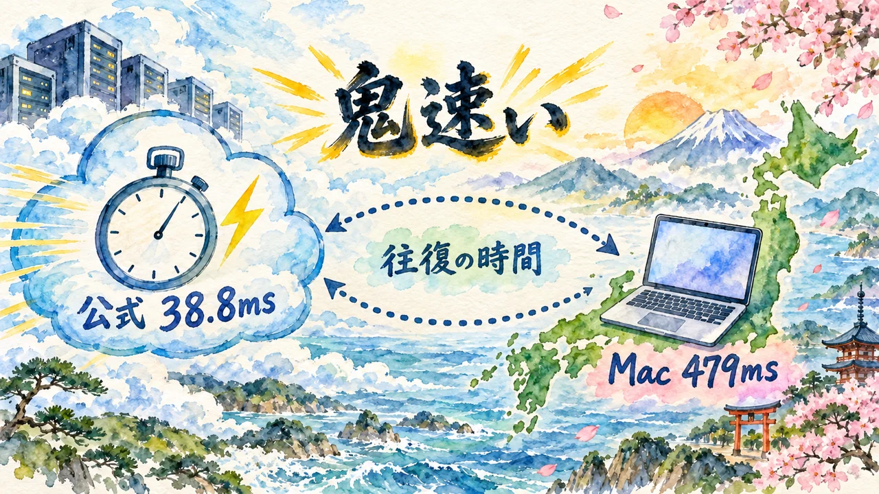 鬼速いの中身。公式は38.8ms、日本のMacから呼ぶと往復を含めて479ms