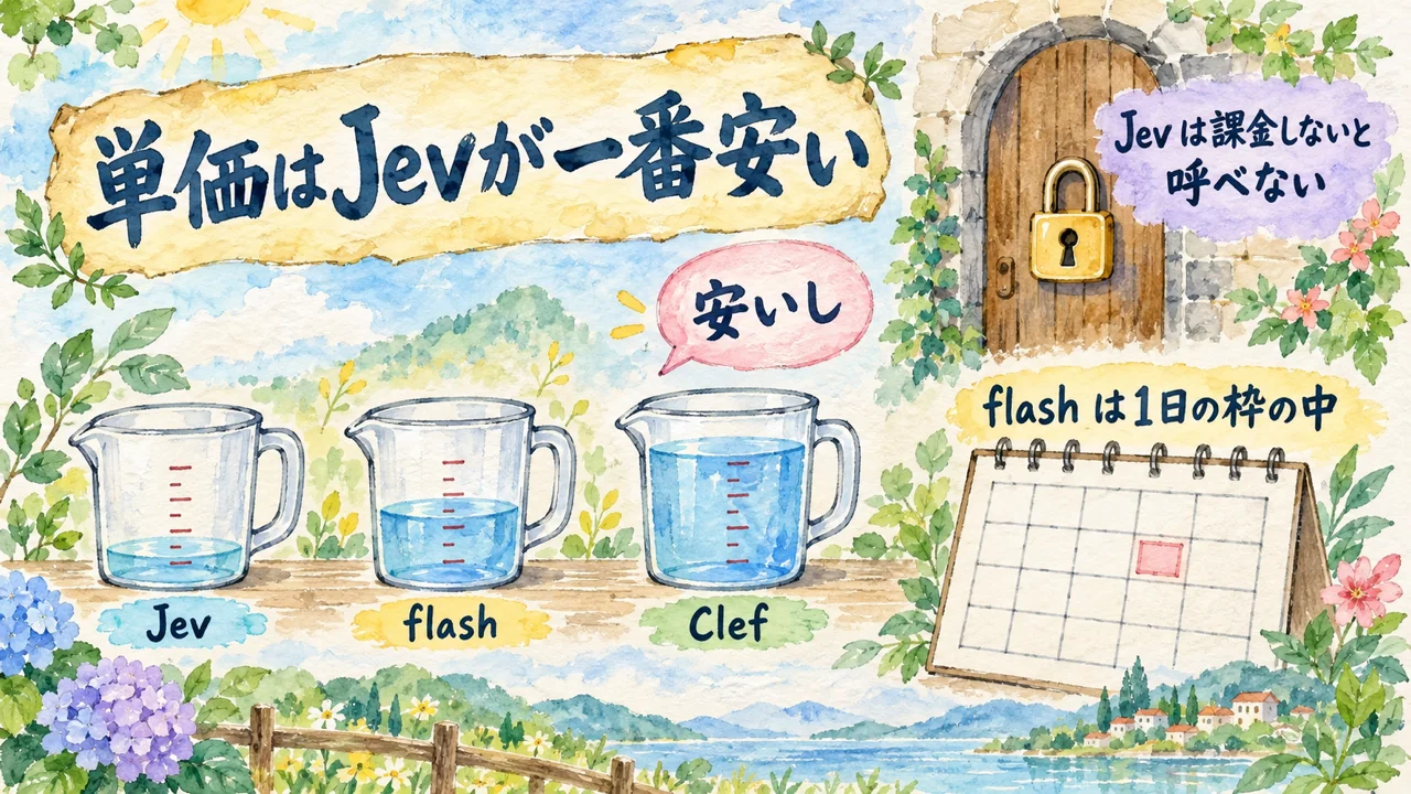 値段の比べ。単価はJevが一番安い。Jevは課金しないと呼べず、flashは1日の枠の中で回った