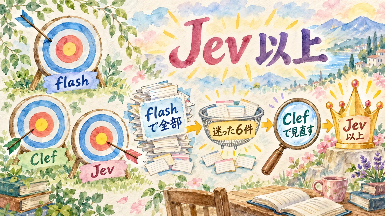 外し方の癖は3つとも違う。flashで全部判定し、迷った6件だけClefで見直すとJev以上