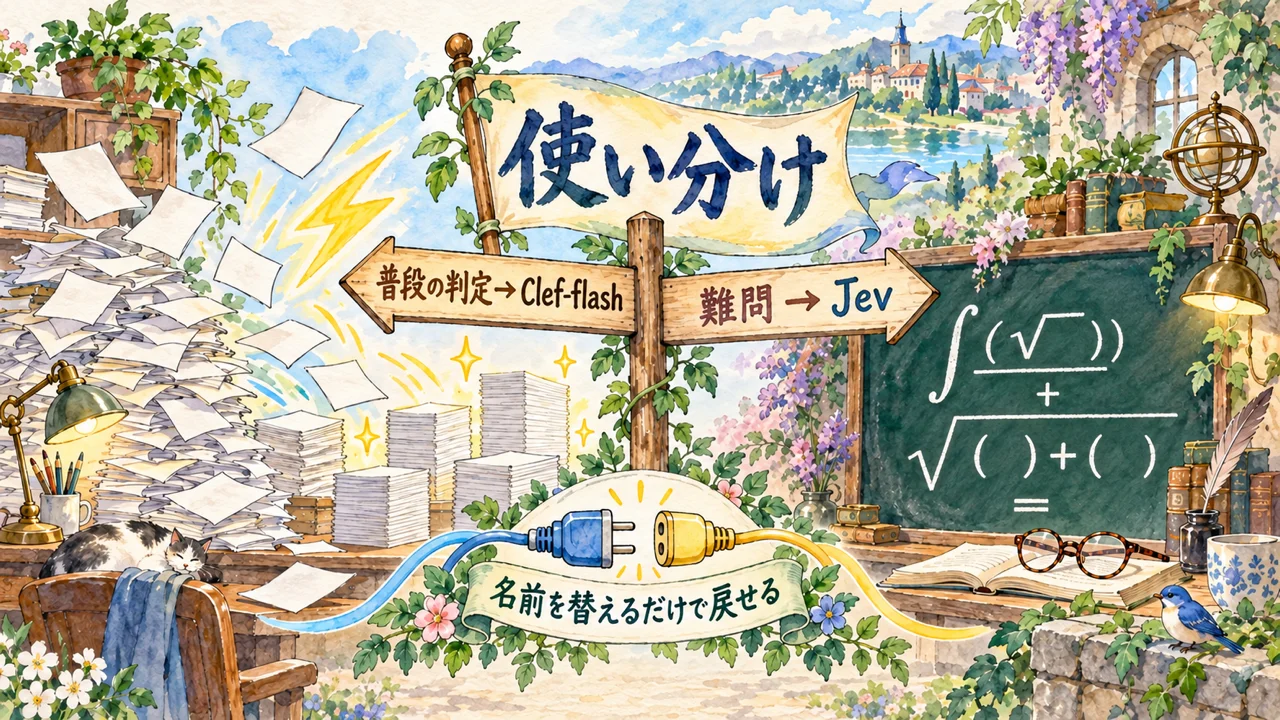 結論は使い分け。普段の判定はClef-flash、難問はJev。呼び先の名前を替えるだけで戻せる