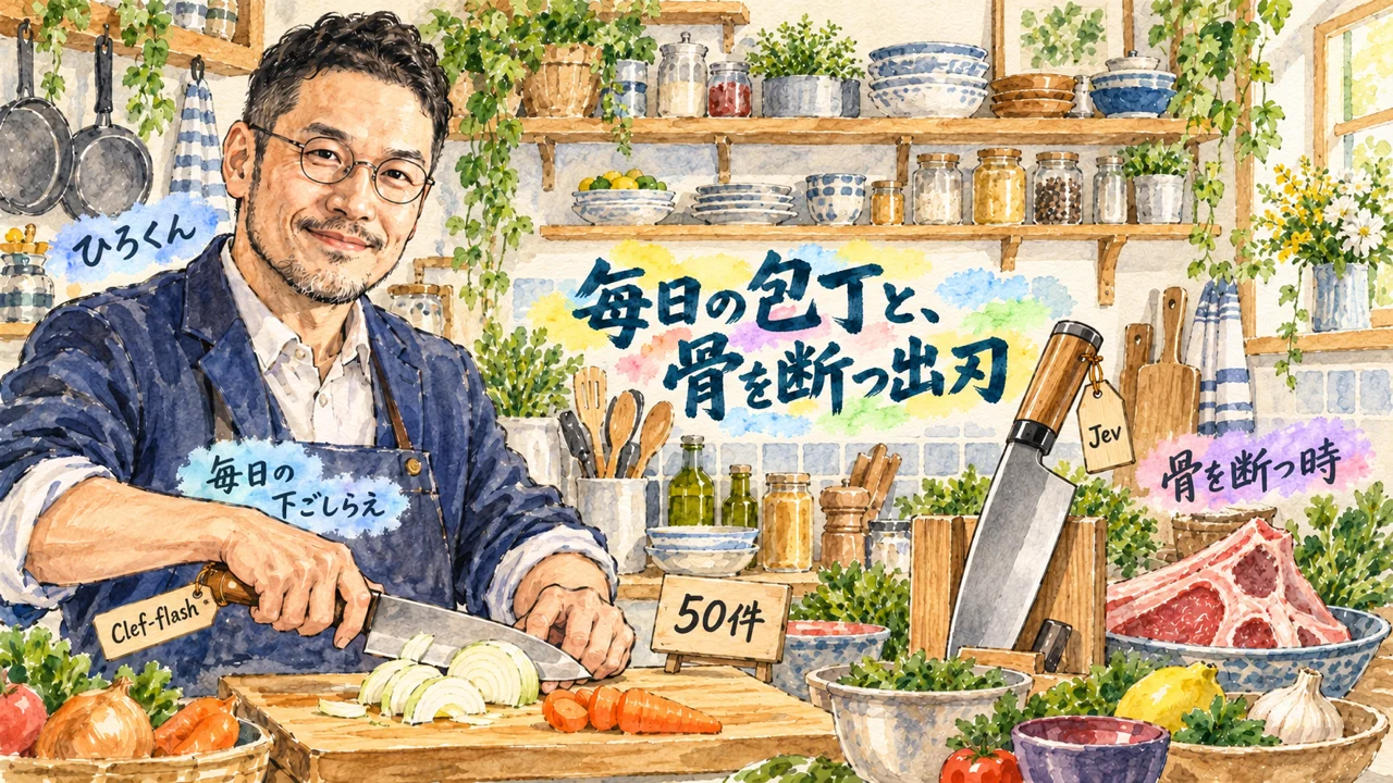 コラム図解: 毎日の包丁と、骨を断つ出刃（ひろくんがClef-flashの包丁で下ごしらえ、奥にJevの出刃）