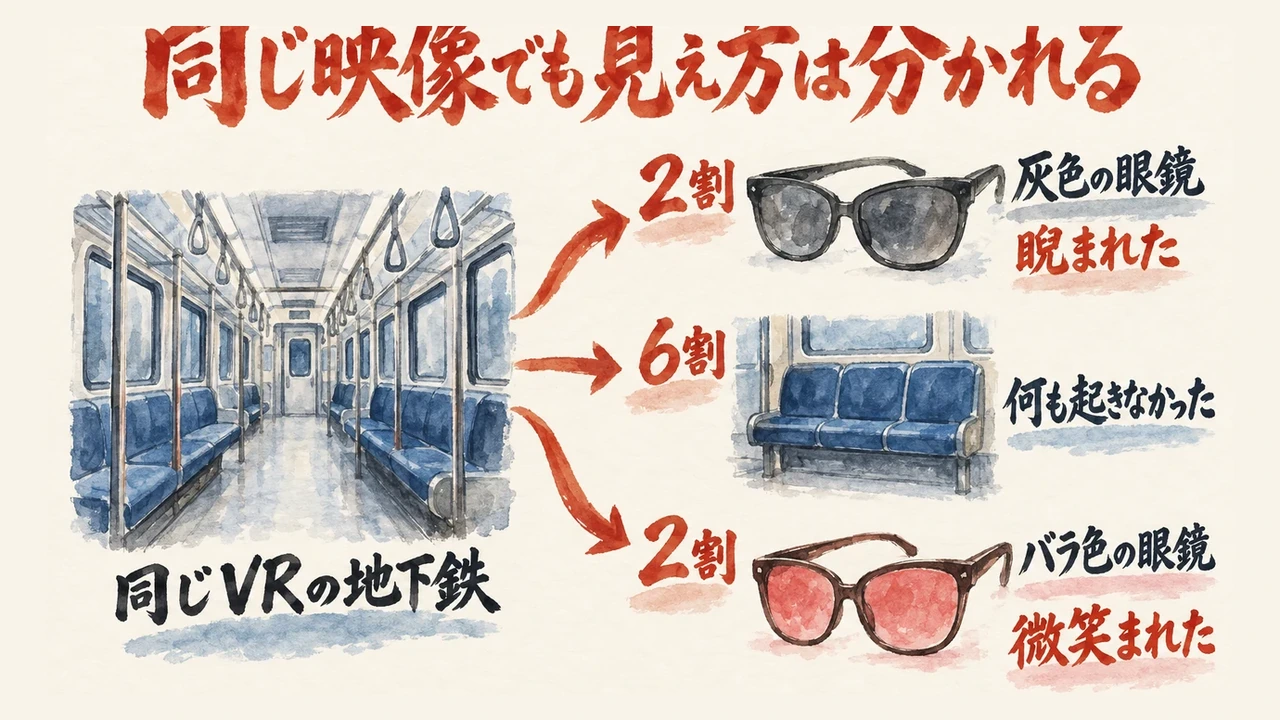 同じVRの地下鉄の映像から、睨まれたと答えた2割(灰色の眼鏡)、何も起きなかったと答えた6割、微笑まれたと答えた2割(バラ色の眼鏡)の3つに分かれる図