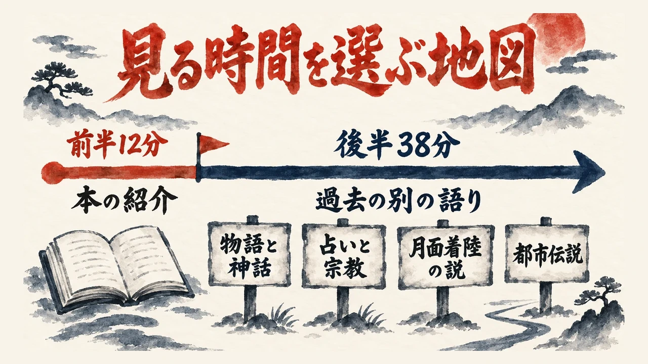 動画の時間軸を、前半12分の本の紹介と、後半38分の過去の別の語りに分け、後半に物語と神話、占いと宗教、月面着陸の説、都市伝説の4つの立て札を並べた地図
