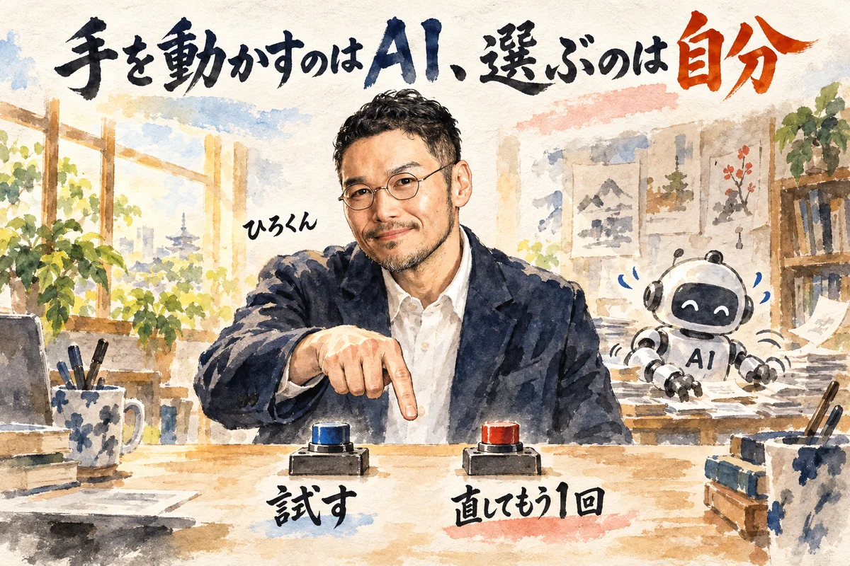 手を動かすのはAI、選ぶのは自分。2つのスイッチのどちらを押すか選ぶひろくんのコラム図解