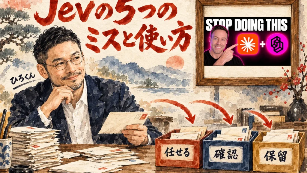 Jevの5つのミスと使い方。手紙の仕分けを見守るひろくんと、壁に動画のサムネイル