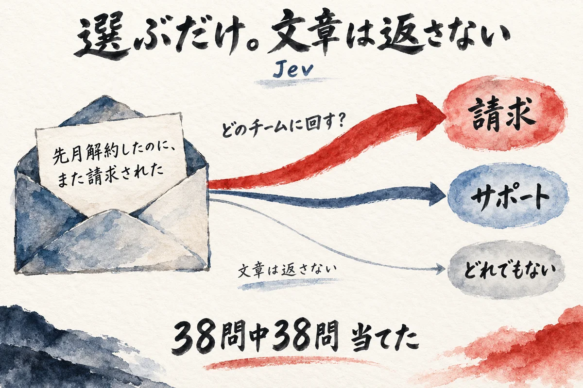 お客さんのメッセージ1通から、請求・サポート・どれでもないの3択へ、確率だけを返すJevの図解