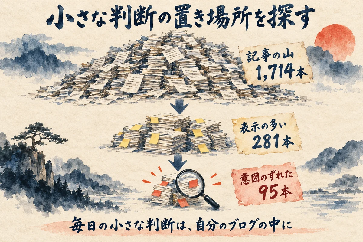 1,714本のブログ記事から、表示の多い281本、意図のずれた95本へ絞り込む図解