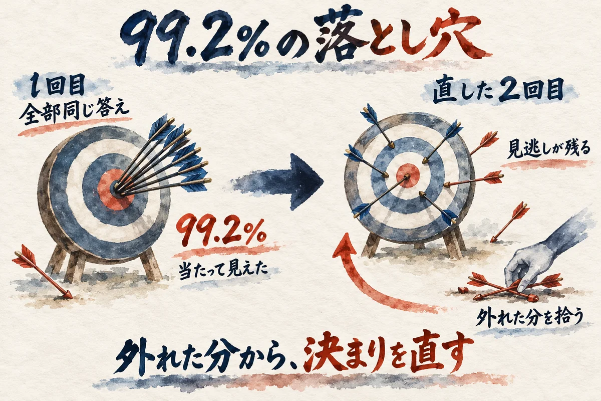 1回目は全部同じ答えで99.2%当たって見え、外れた分を拾って直した2回目の図解